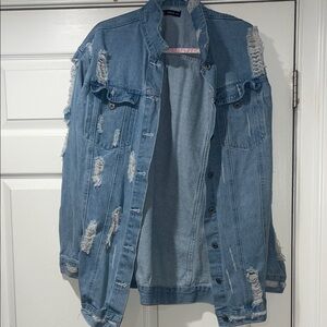 SHEIN Distressed Denim Jacket - Blue